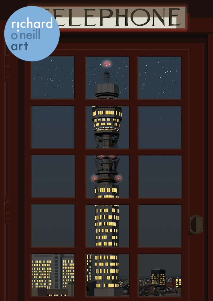 London Telephone Box (Post Office Tower night) Art Print